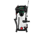 Stainless steel wet and dry vacuum cleaner with hose and accessories.