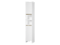 White corner shelf unit with two closed compartments and two open shelves.