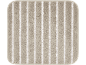 Beige bath mat with light vertical stripes and rounded corners.