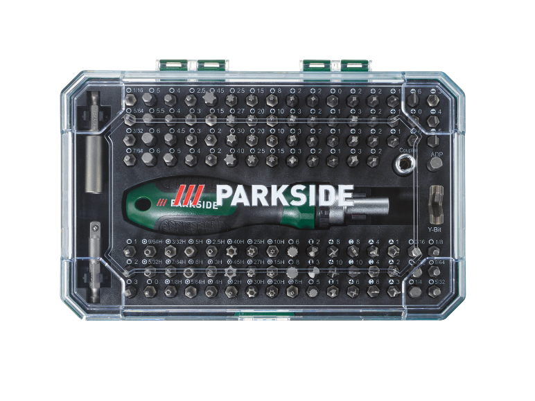 Screwdriver and bit set in a clear case with various sizes and types.
