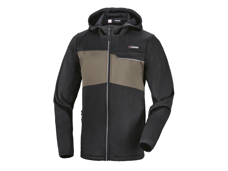 Black and khaki softshell jacket with zipper and hood.