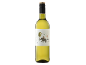 White wine bottle with an illustrated label featuring an elephant, grapes, and a couple.
