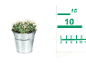Cactus in a metal bucket with a measuring ruler next to it.