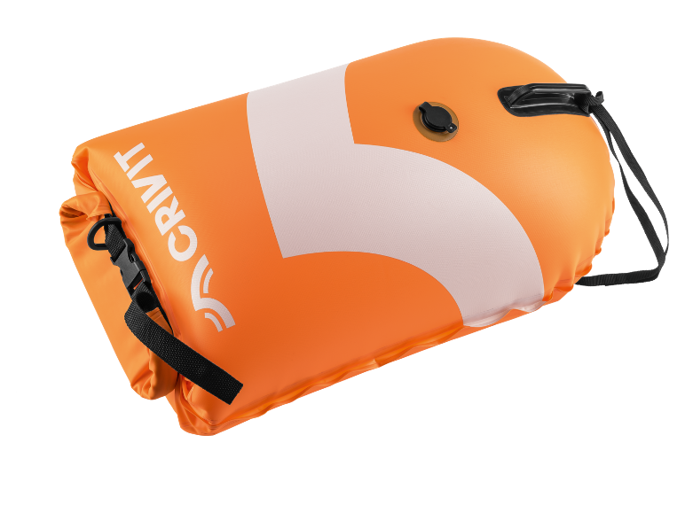 Orange swimming buoy with air valve and black straps.