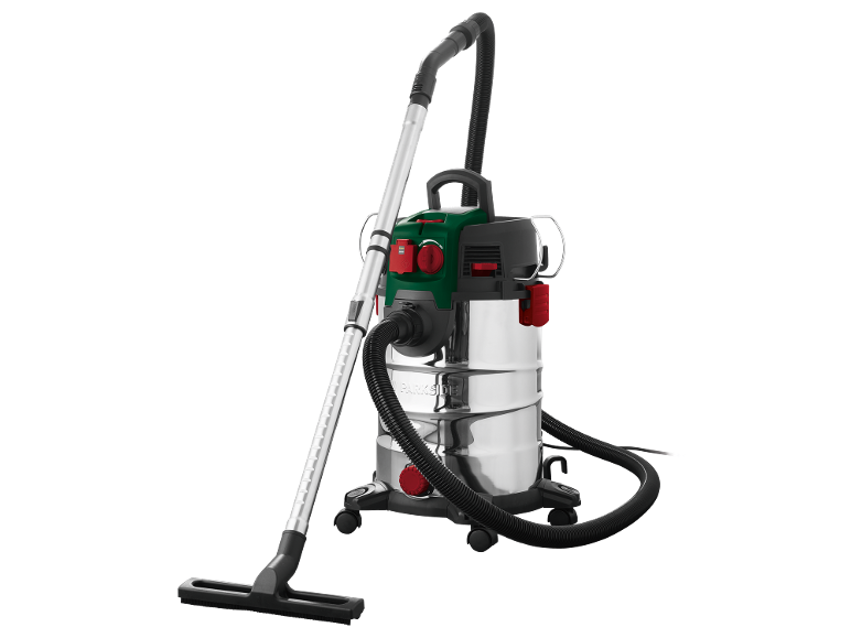 Wet and dry vacuum cleaner with a metallic tank and attachments.