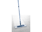Blue and white microfiber mop cleaning a light tiled floor.