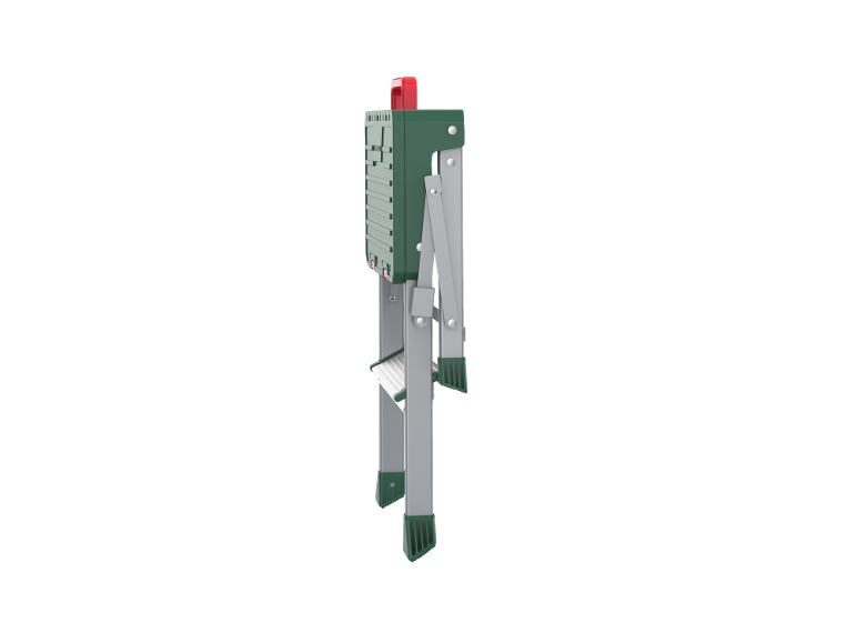 Foldable ladder with green and red detail, on a black background