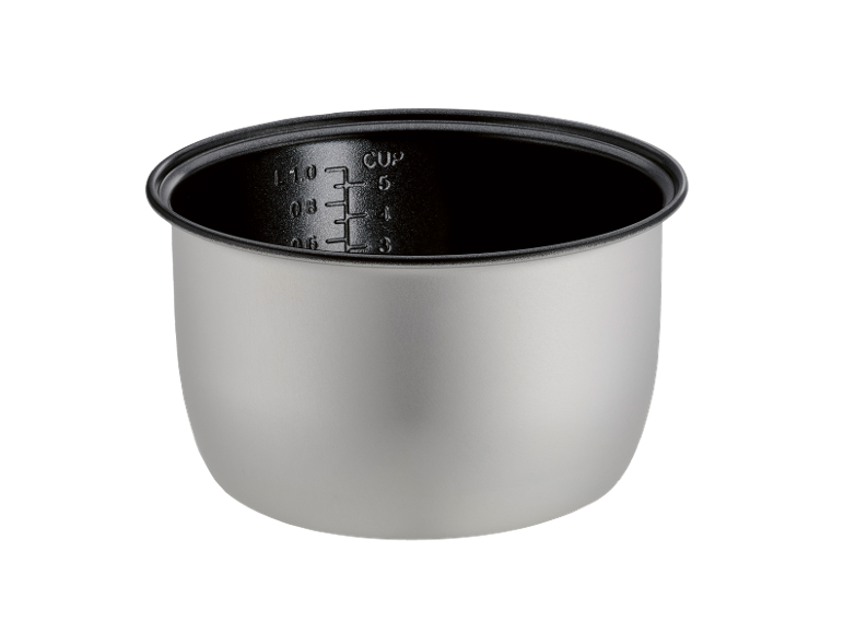 Rice cooker inner pot with measurement markings in cups and liters.