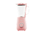 Pink blender with a glass jug, matching lid and base, featuring a silver control dial.