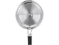 Bottom of a stainless steel frying pan with various hob compatibility symbols.