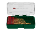 Drill bit set with various sizes in a green and clear plastic case
