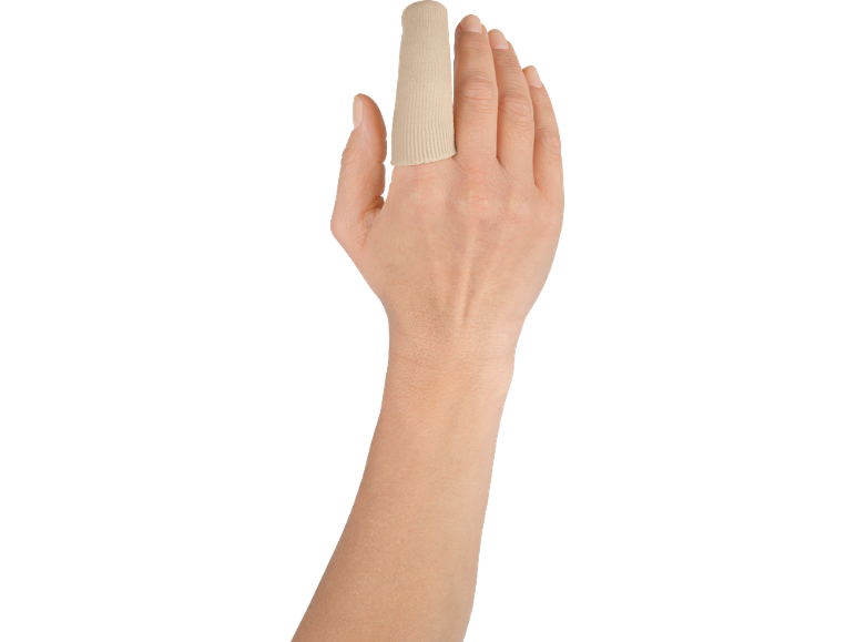 Hand with a beige finger protector on the index finger.