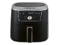 Black air fryer with silver accents and a digital display showing 200 °C.
