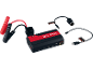 Portable jump starter with red and black clamps and various charging cables.