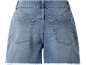 Blue denim shorts with a frayed hem, back view