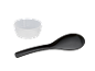 Translucent measuring cup and black serving spoon on a black background.