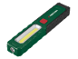 Green and black LED work light with a red button and a yellow light strip.