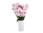 Bouquet of pink chrysanthemum flowers in a white vase on a black background.