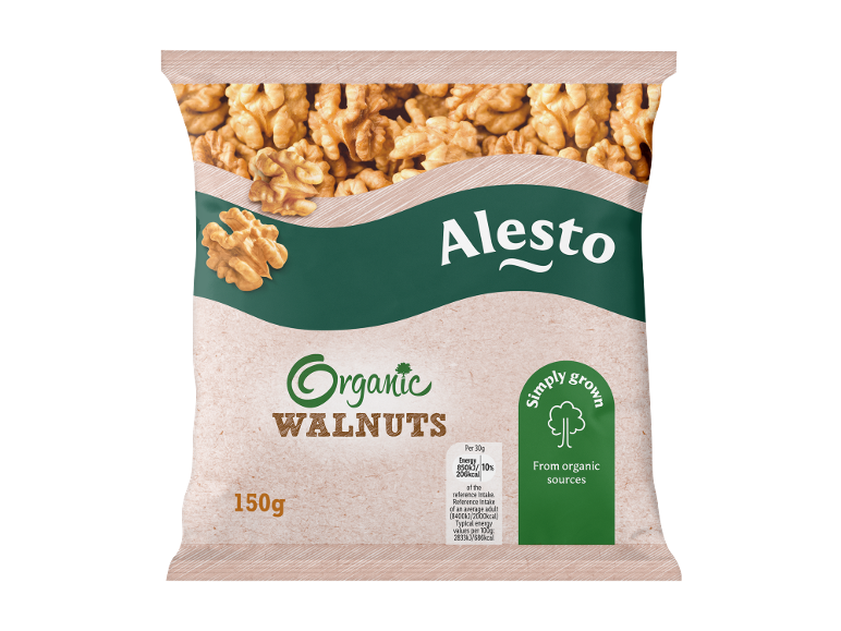 Pack of organic walnuts, 150g, with energy content information.