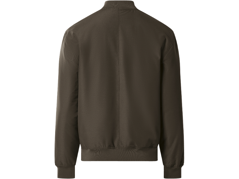 Dark brown men's bomber jacket, back view.