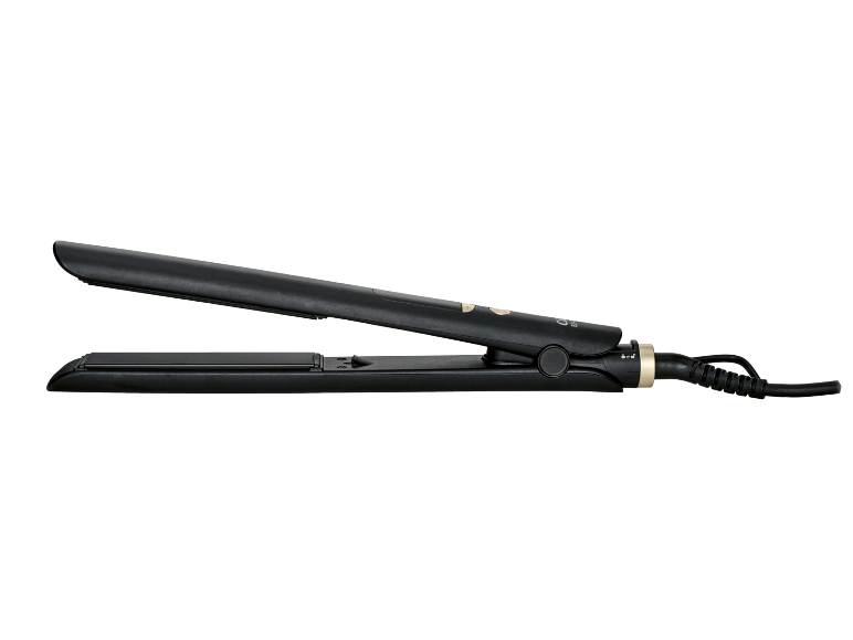 Black hair straightener with gold details, open and with a cable.