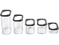 Five clear storage containers of varying sizes with black lids