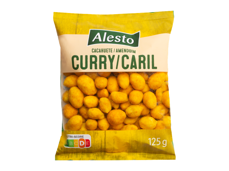 Bag of curry-flavored peanuts, with Nutri-Score D and 125 g.