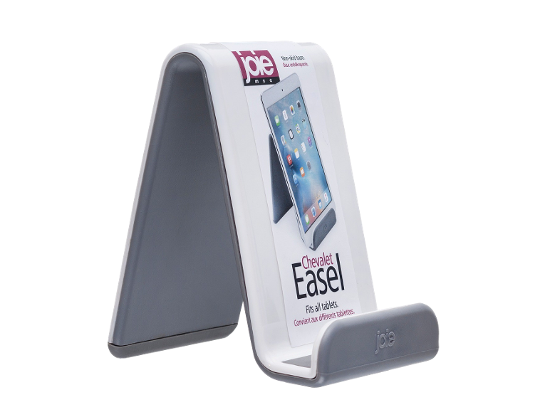 White and grey tablet stand with text 'Easel' and 'Fits all tablets'.