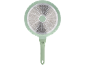 Bottom of a mint green frying pan with an induction base and handle.