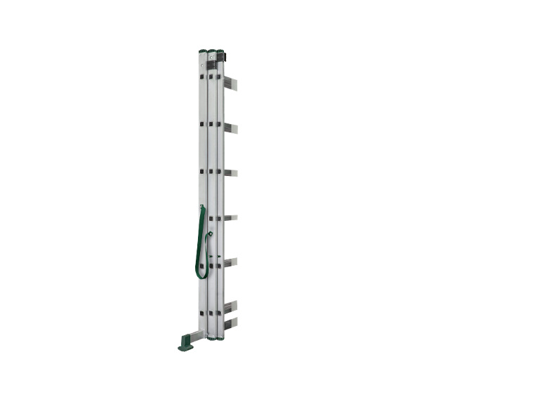 Foldable multi-purpose ladder with green strap and feet, standing upright.