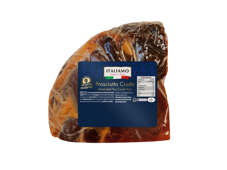 Vacuum-packed prosciutto crudo with a blue label showing nutritional information.
