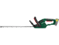 Green cordless hedge trimmer with a long blade and red accents.