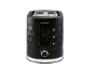 Black toaster with a hexagonal pattern, a setting dial, and three function buttons.