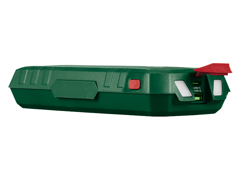 Green power bank with a red button and USB-C and USB-A ports.