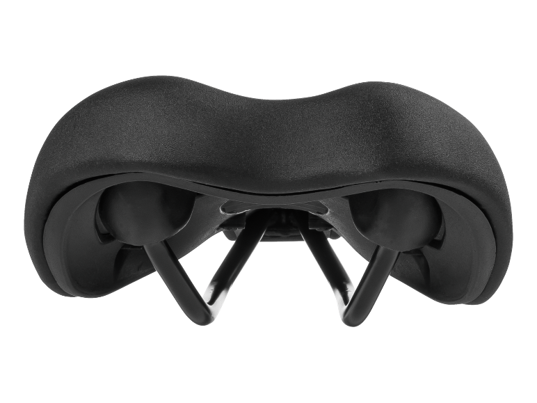 Black bicycle saddle with suspension, bottom view