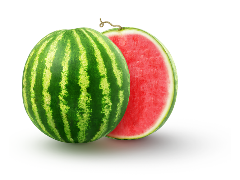 Whole and half watermelon on a white background.