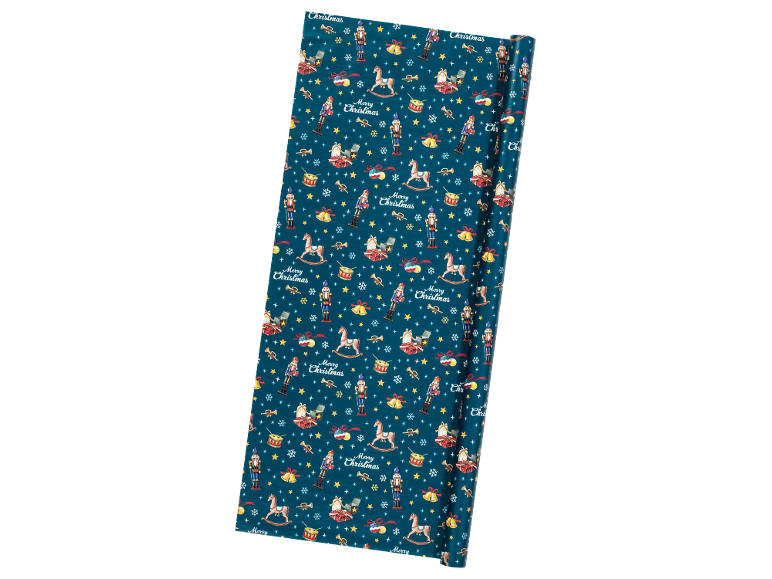 Dark blue Christmas wrapping paper with nutcrackers, rocking horses, and 'Merry Christmas' text.
