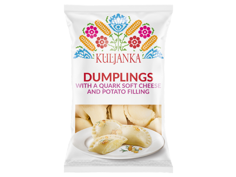 Dumplings packaging with quark soft cheese and potato filling, with a floral pattern.