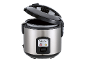 Silver and black rice cooker with the lid open, featuring cooking and keep warm buttons.