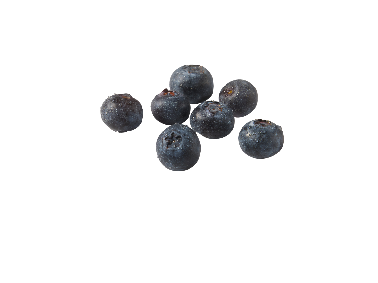 Seven fresh, juicy blueberries with water droplets on a black background.