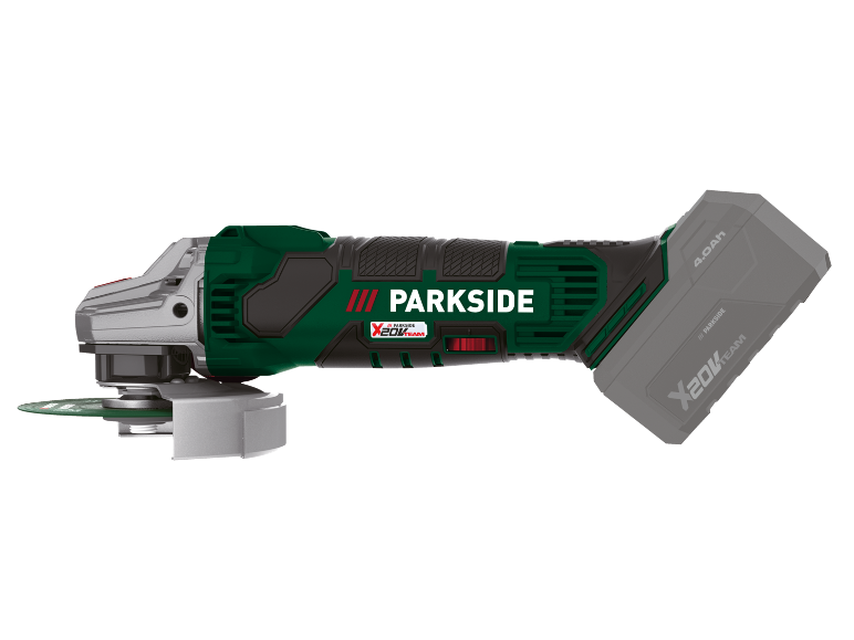 Cordless angle grinder with a 4.0Ah battery, green and black with silver accents.