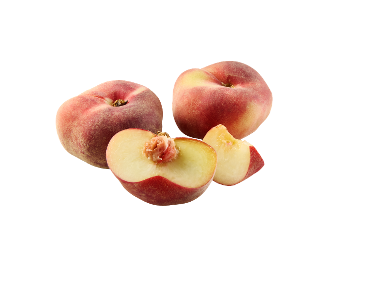 Two whole and two cut flat peaches on a black background.