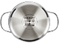 Stainless steel pot bottom with symbols for induction, gas, electric, ceramic hob, and dishwasher.