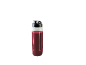 Red fruit smoothie in a plastic bottle with a black lid.