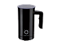 Black milk frother with a transparent lid and buttons for various functions.
