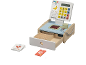 Wooden toy cash register with scanner, card reader, drawer, and play cards.