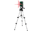 Laser level on a tripod, projecting red laser lines.