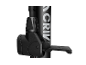 Black and grey hand bicycle pump with a handle and pressure gauge.