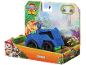 Blue toy car with a police puppy, featuring a dinosaur and movie theme.