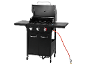 Black three-burner gas grill with an open lid and a red gas hose.